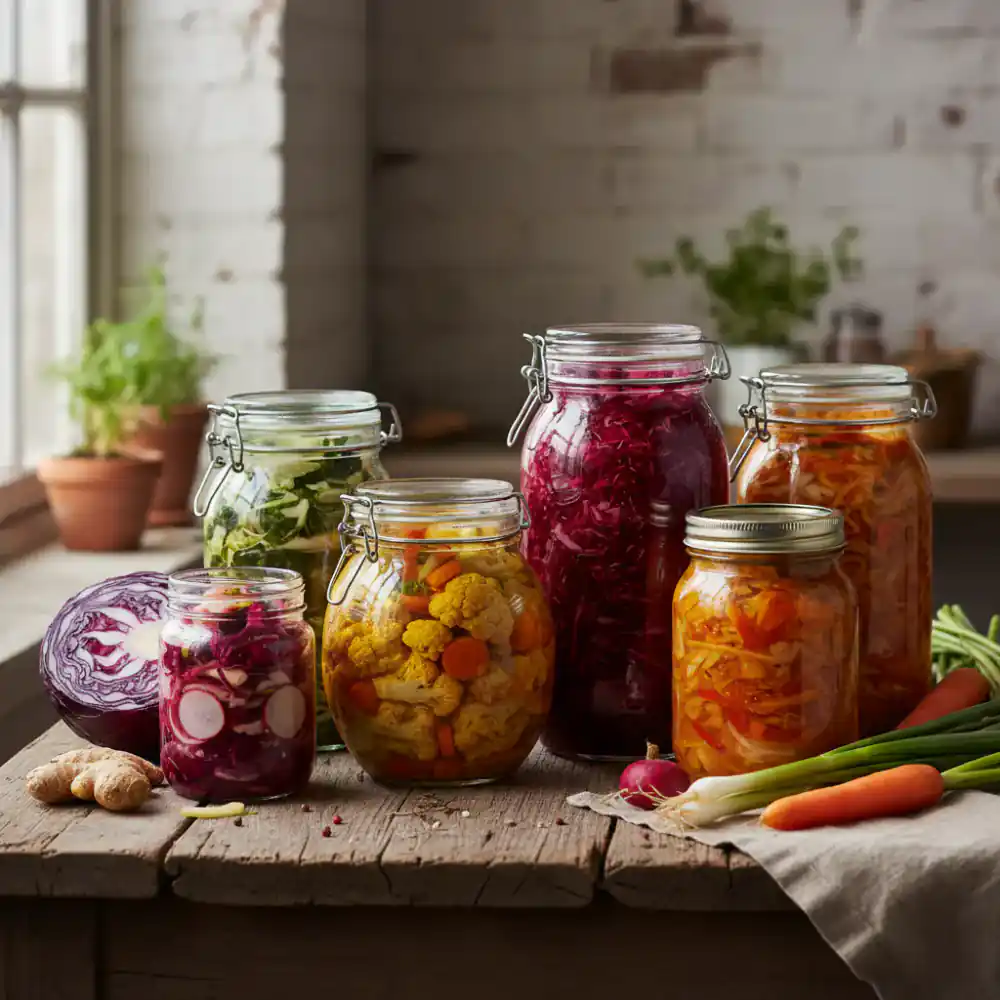 Various glass jars filled with colorful fermented vegetables on a rustic table