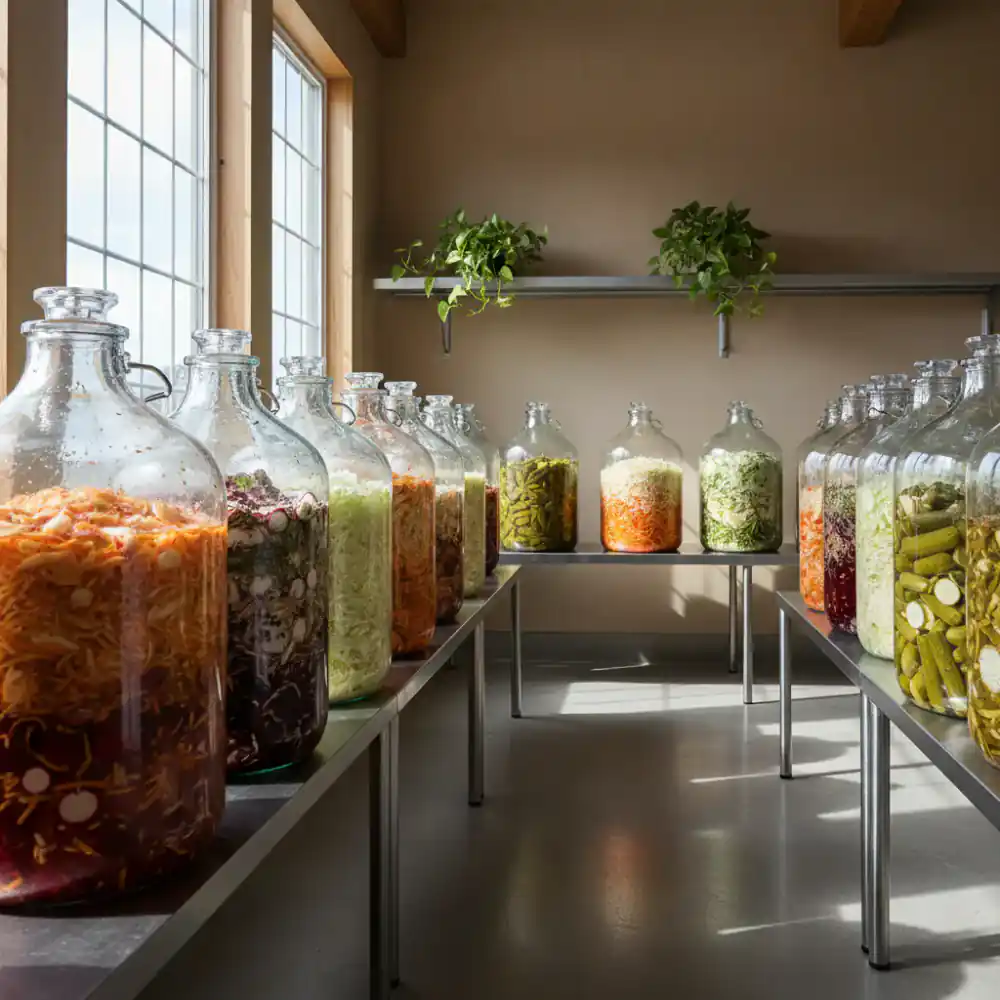 Glass vats of fermenting vegetables in a controlled room