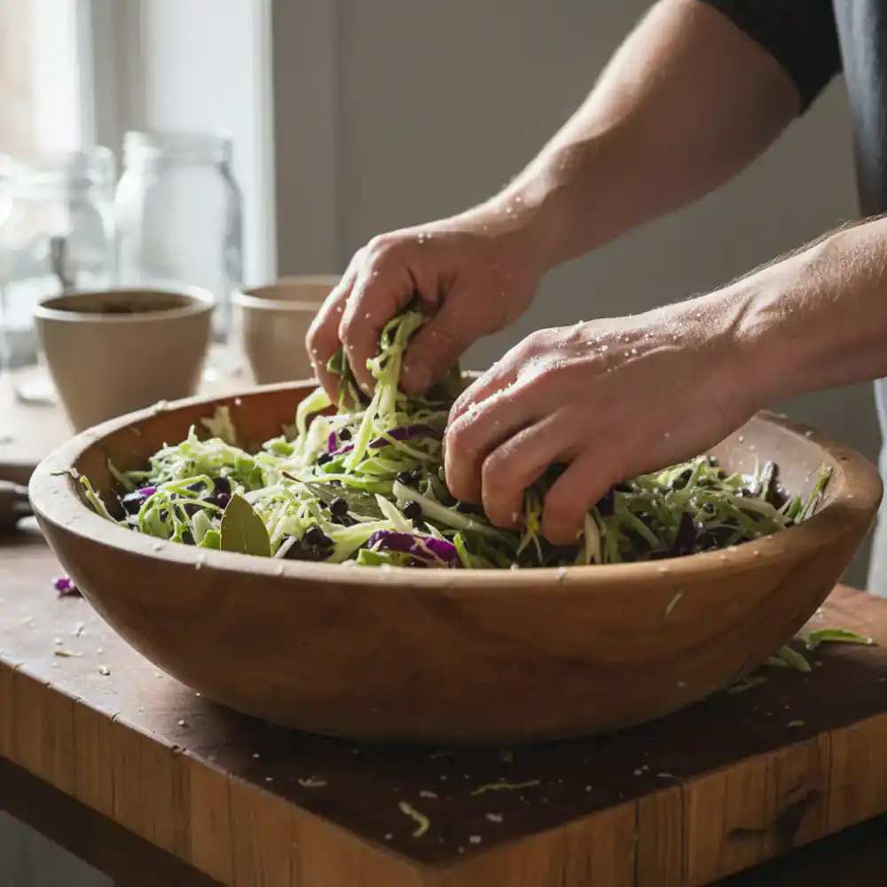 Person mixing sliced cabbage with salt in a large wooden bowl
