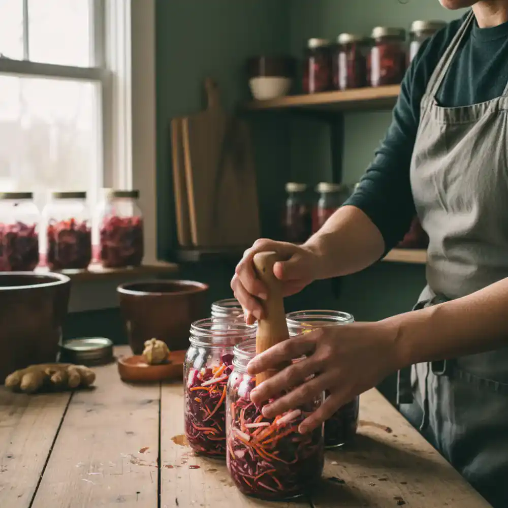 Worker carefully packing fermented vegetables into jars by hand