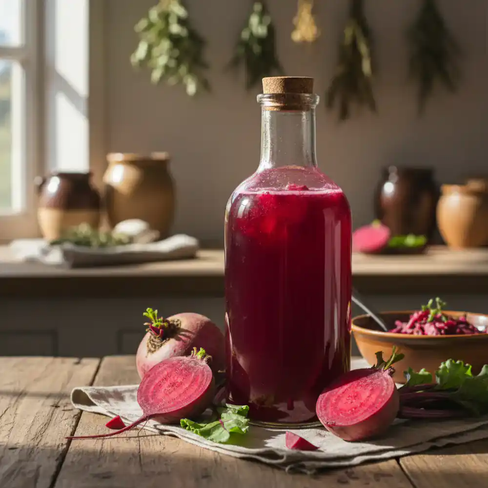 Bottle of deep red beet kvass