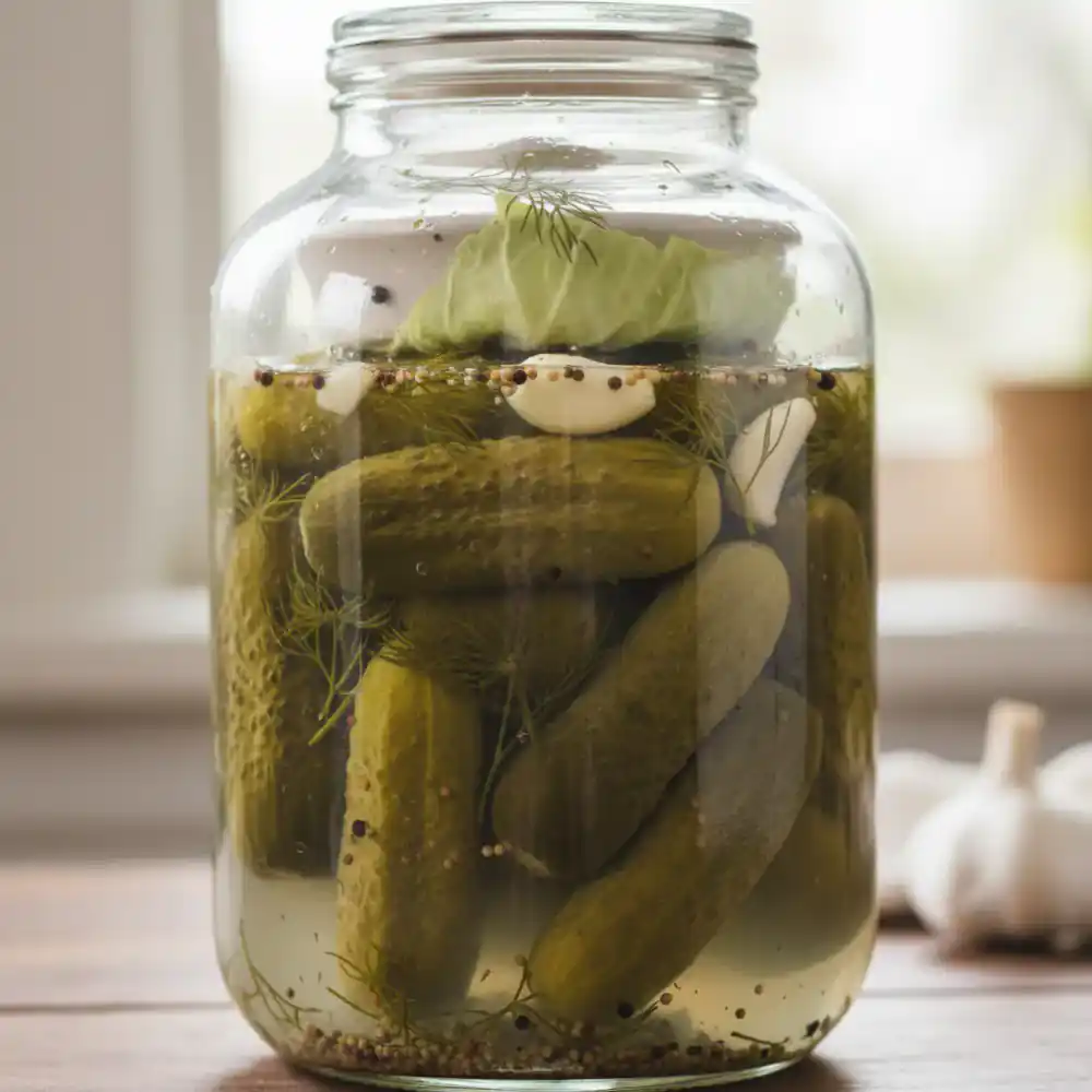 Fermented dill pickles in a large jar
