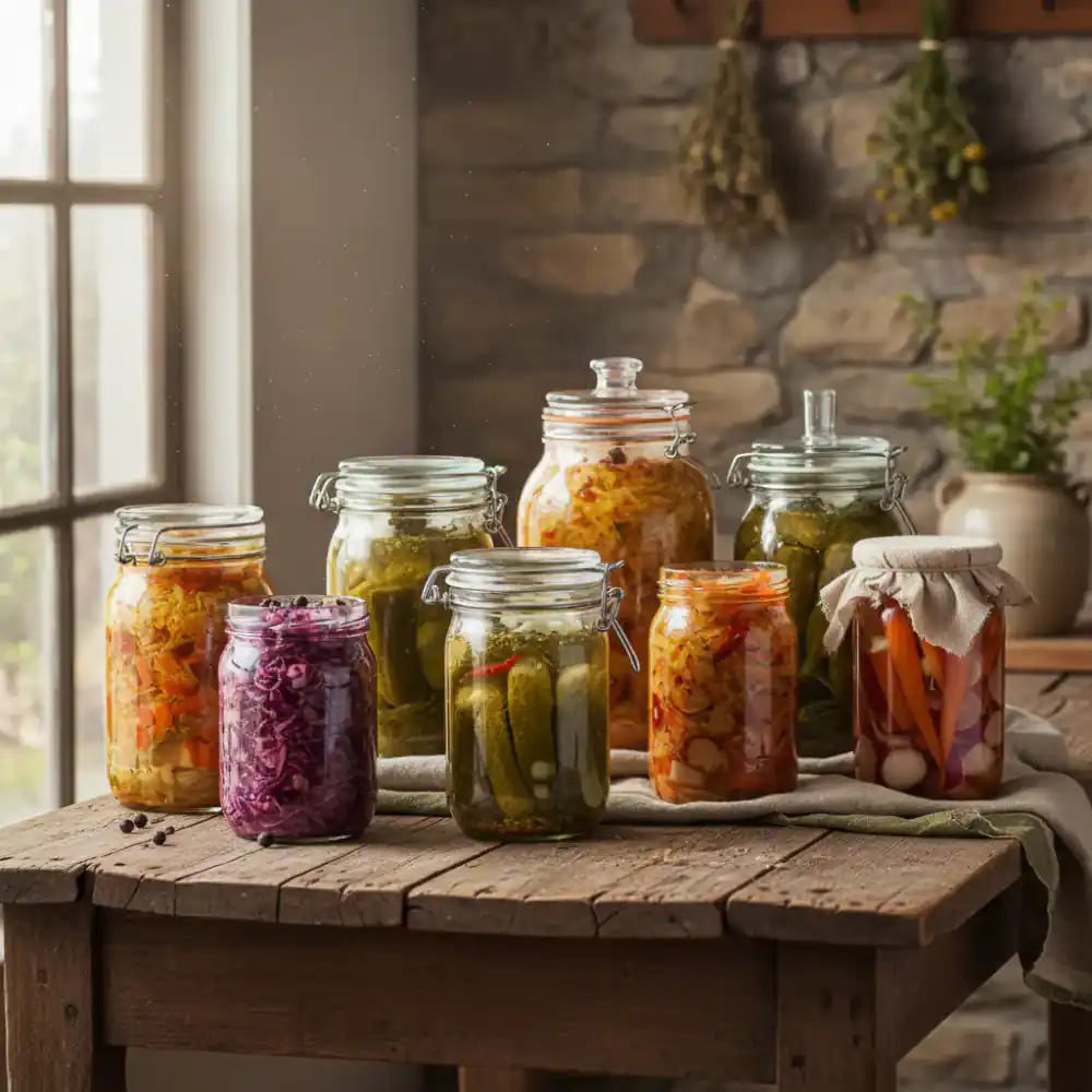 Various jars of fermented vegetables on a rustic table