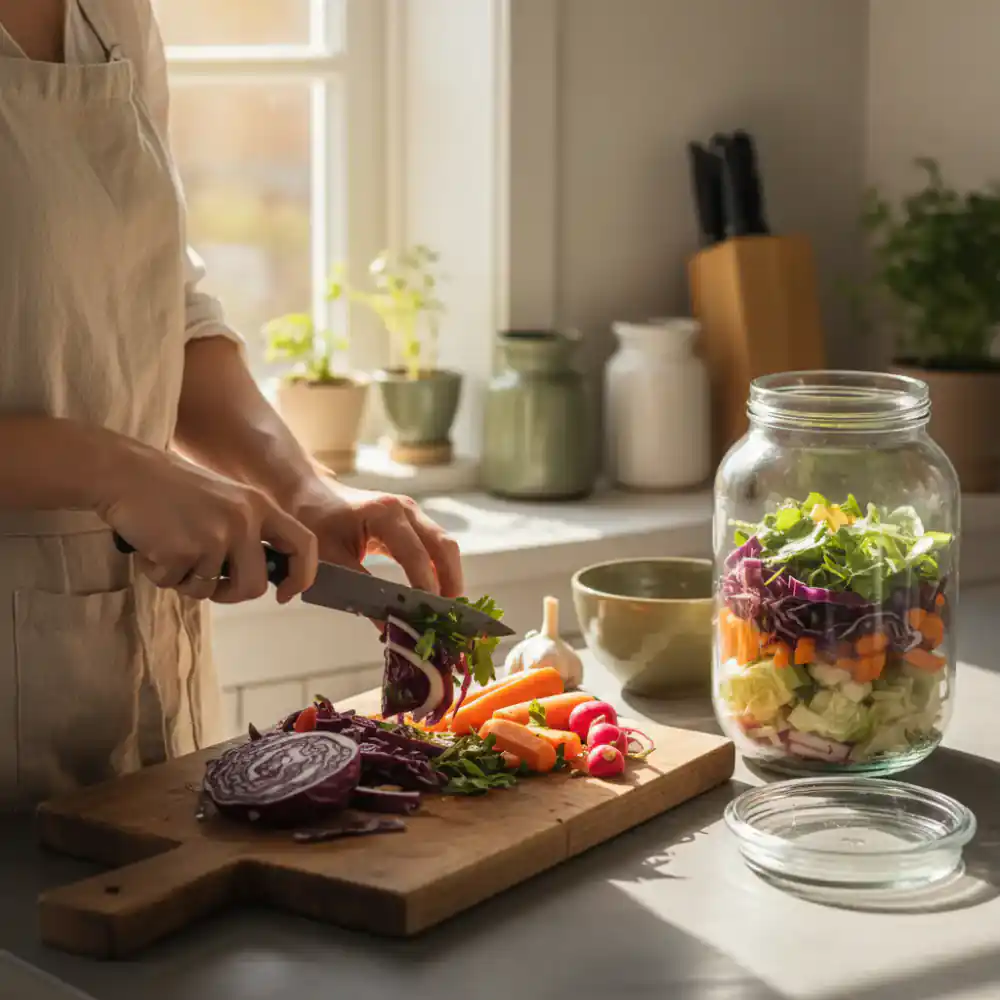 Person preparing fresh vegetables for fermentation